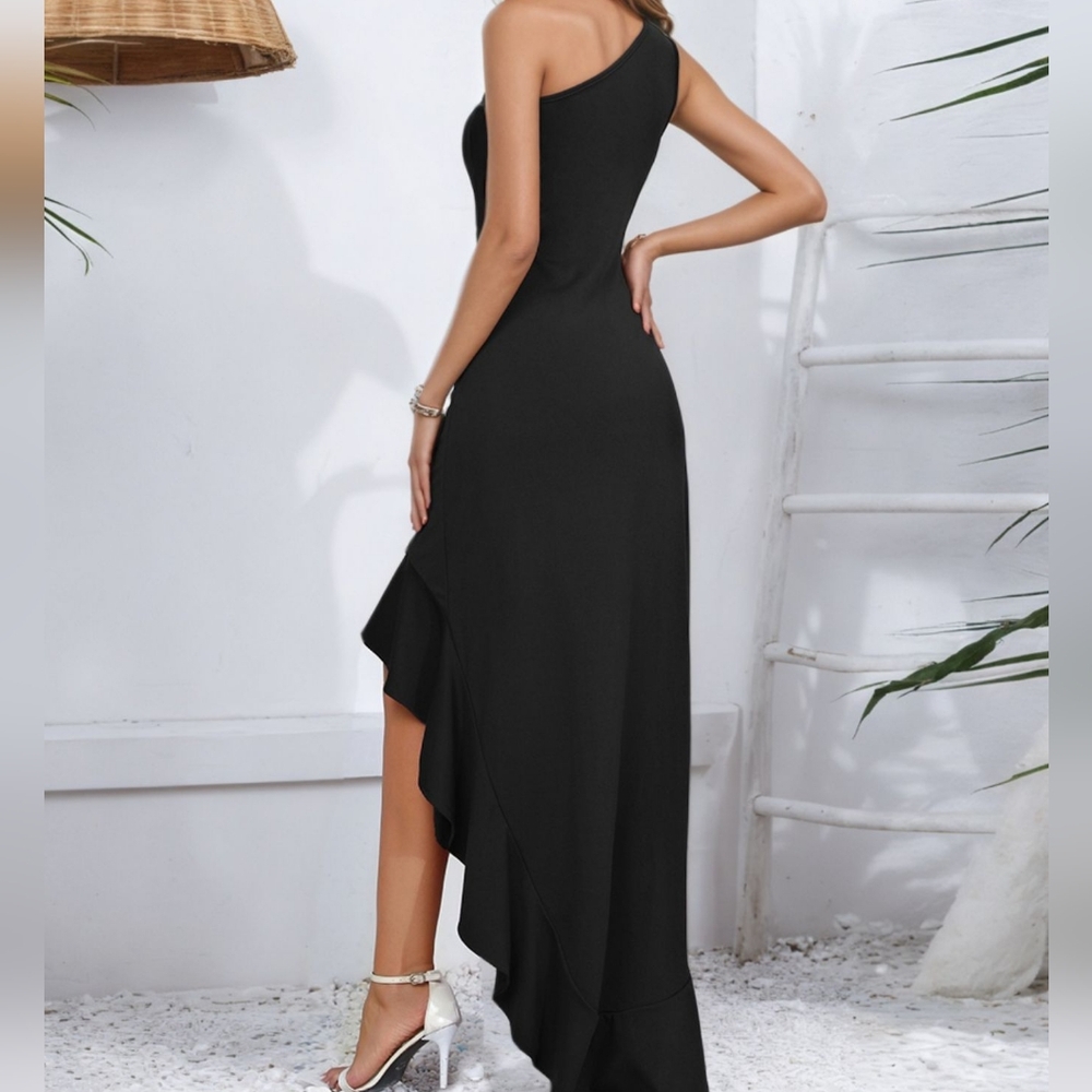 One-Shoulder Black Ruffle Hem Evening Dress - Picture 8 of 10